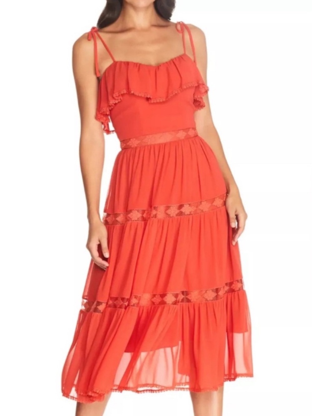 NWT Dress the Population Dream Chiffon Lace Tiered Dress Poppy orange red Sz L